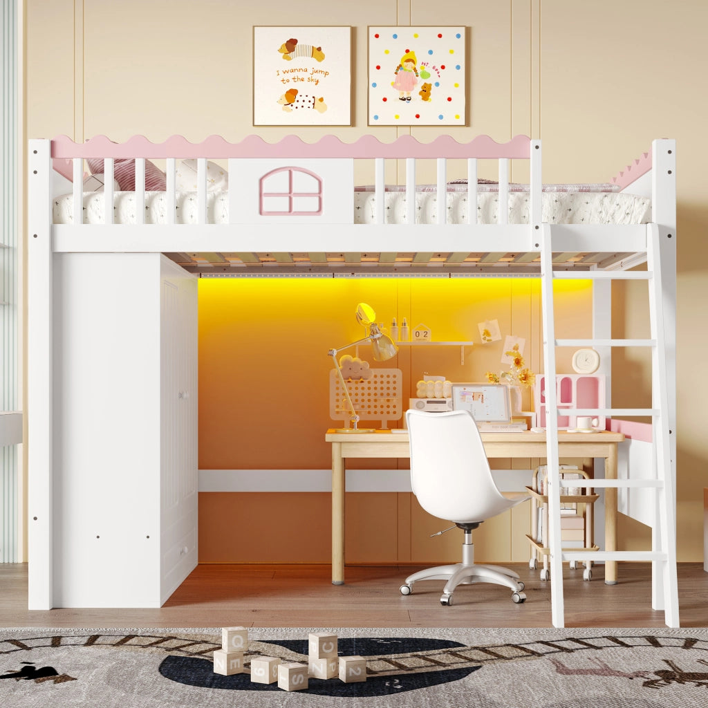 Letto a soppalco per bambini 90 × 200 cm con armadio, cassetto e illuminazione LED, senza materasso, bianco