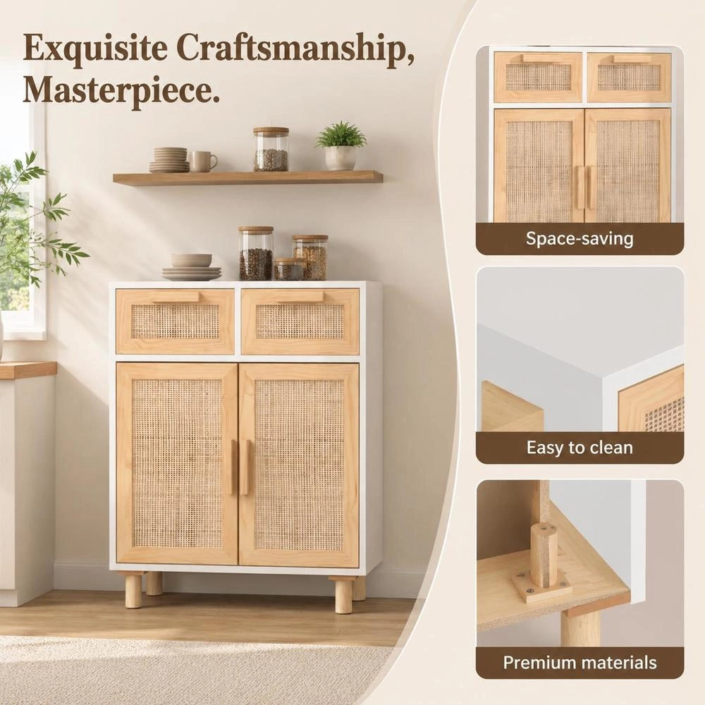 Sideboard White 60x30x75 Cm Solid Pine Wood And Natural Rattan