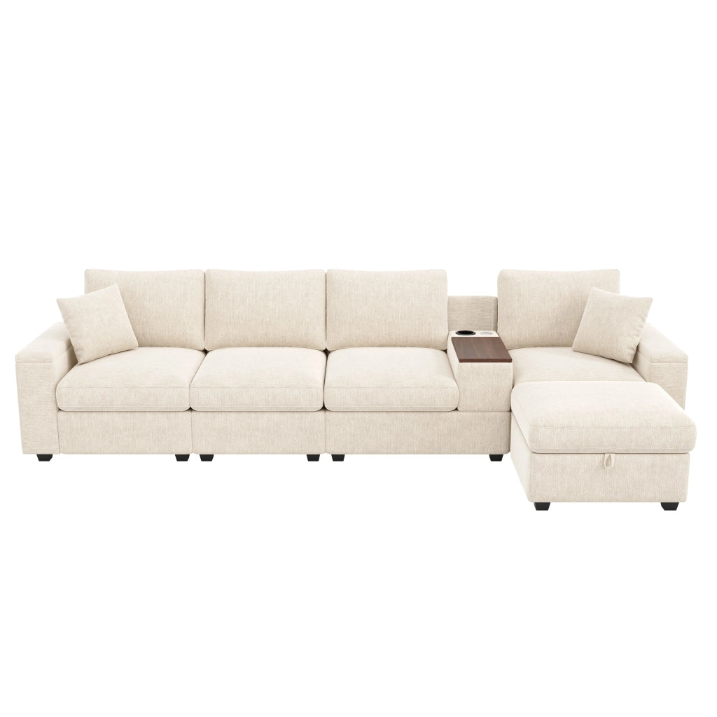 Divano modulare a L 313 x 147 x 82 cm con pouf e USB; ciniglia beige