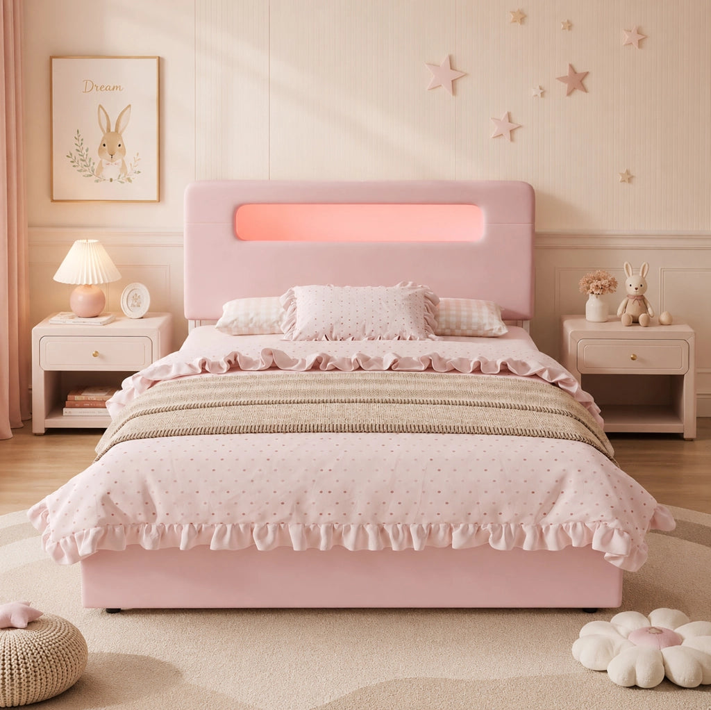 Letto imbottito ULEVR 140x200 cm rosa con 4 cassetti laterali, testiera con vano aperto e LED controllato tramite app