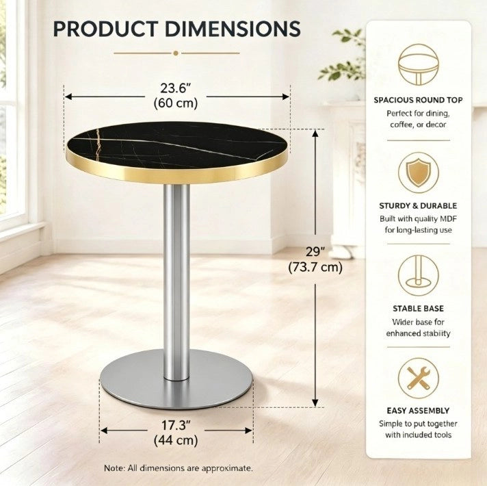 Tavolino rotondo 60 cm in MDF nero effetto marmo, struttura dorata per soggiorno