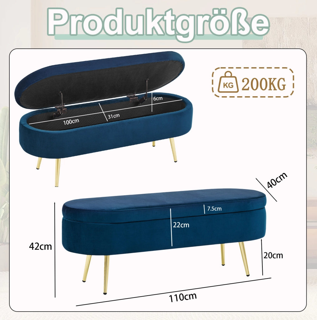 Panca contenitore multifunzione in velluto con struttura in legno massello e gambe in metallo, 110x40x42 cm, capacità 20 L, colore blu