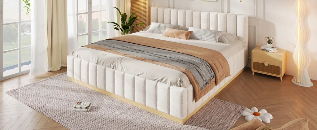 Letto matrimoniale imbottito 140x200 cm, beige chenille, testiera imbottita, rete a doghe, sollevamento idraulico, striscia LED. Senza materasso