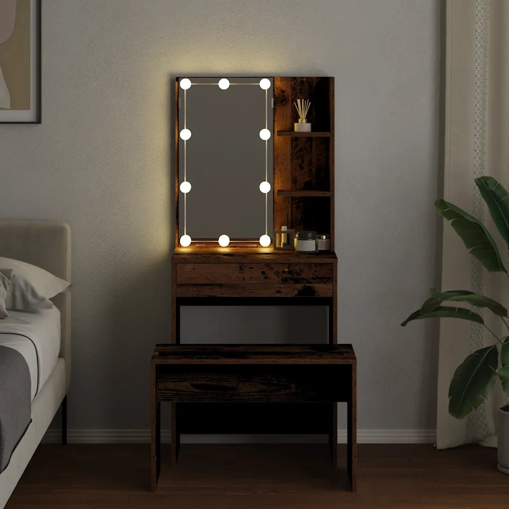Set Tavolo da Toeletta | Tavolo da Trucco con LED Legno Antico Legno Multistrato