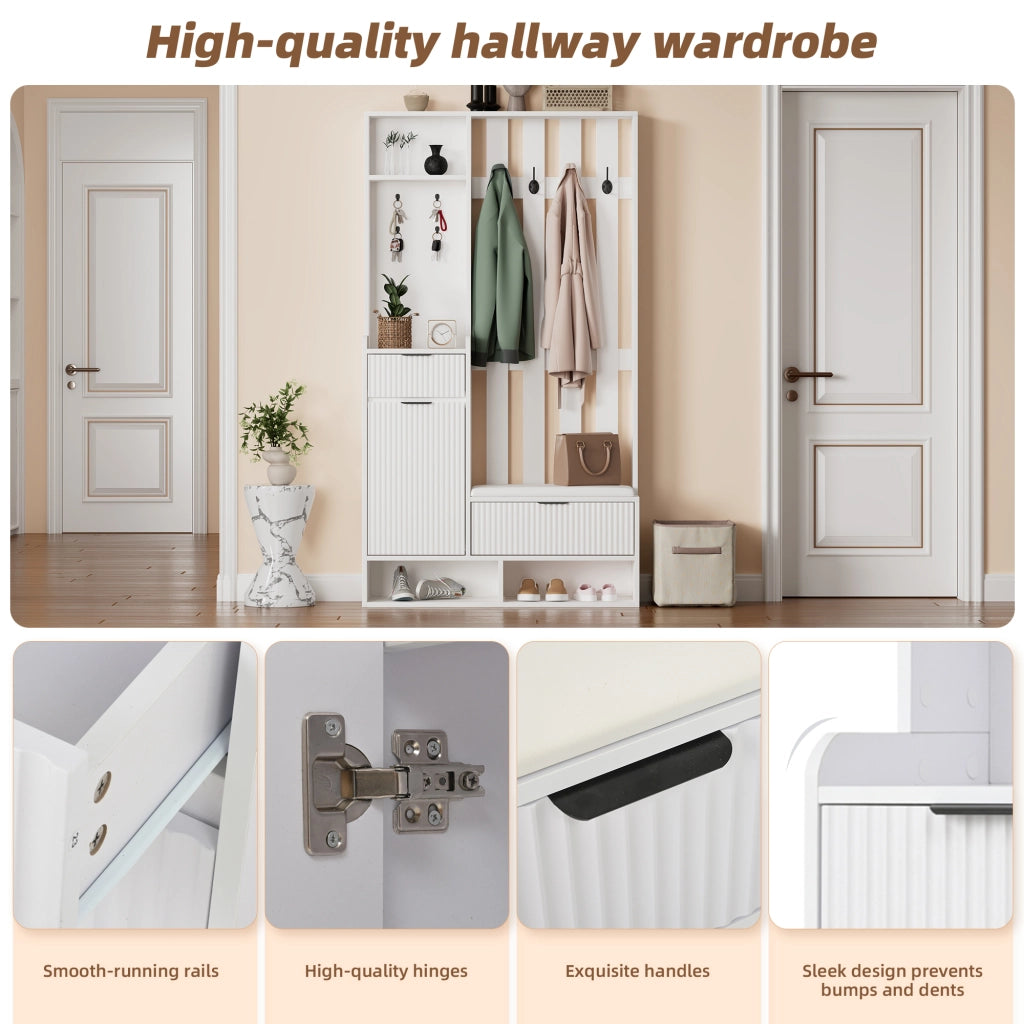 Set di mobili da ingresso con 8 ganci; panca con cuscino PU; 2 cassetti e vani aperti bianco 100 × 30 × 180 cm