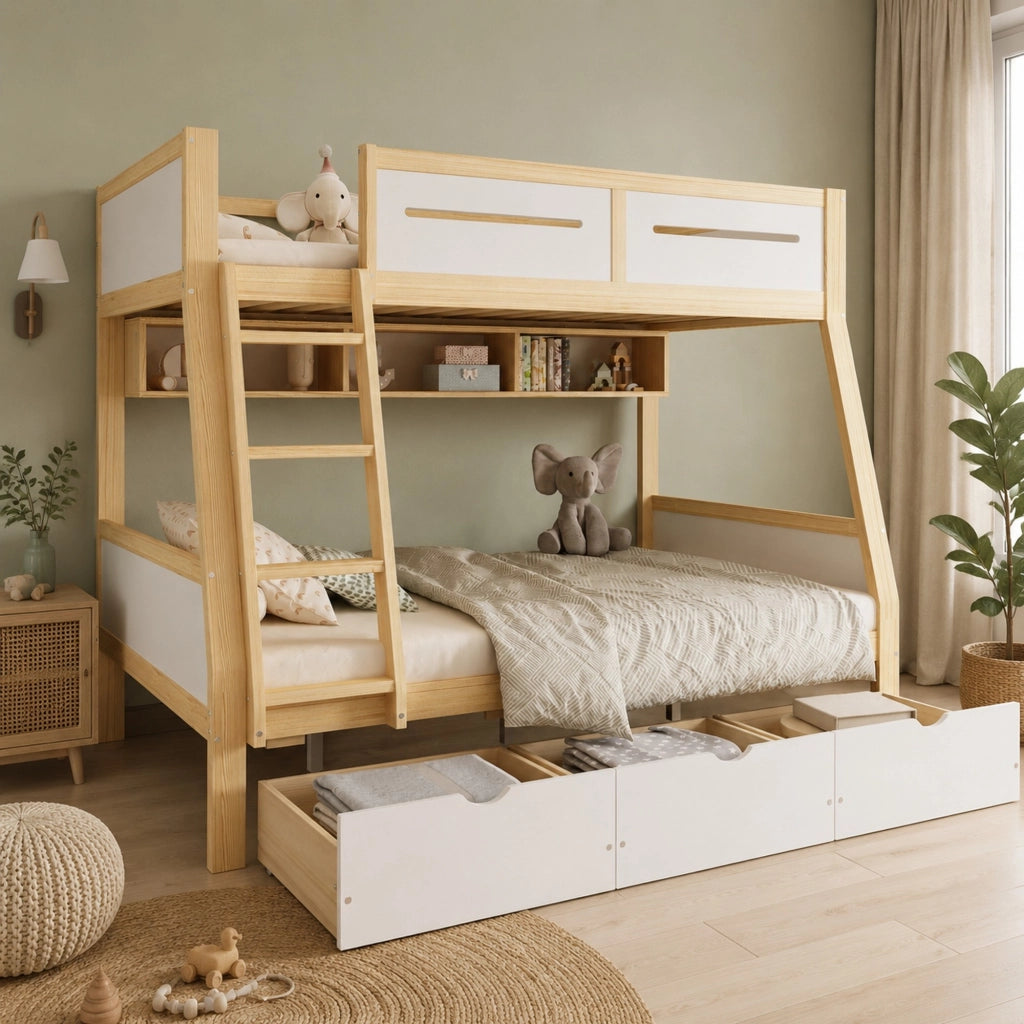 Letto a castello per bambini 90x200 e 120x200 cm bianco naturale