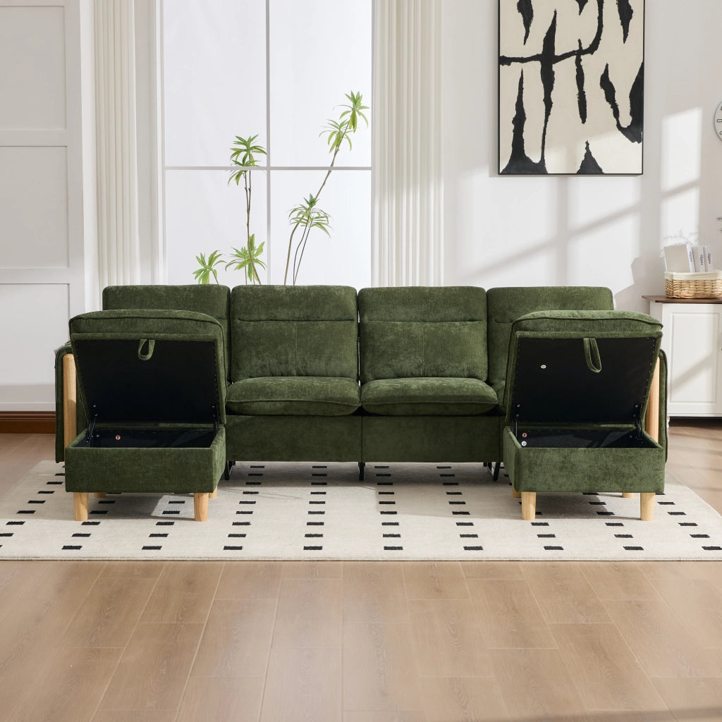 Divano modulare U a 4 posti - con contenitore e cuscini laterali - in chenille verde