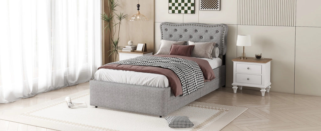 Letto singolo imbottito 90 × 200 cm in MDF e lino grigio con due cassetti e testiera regolabile