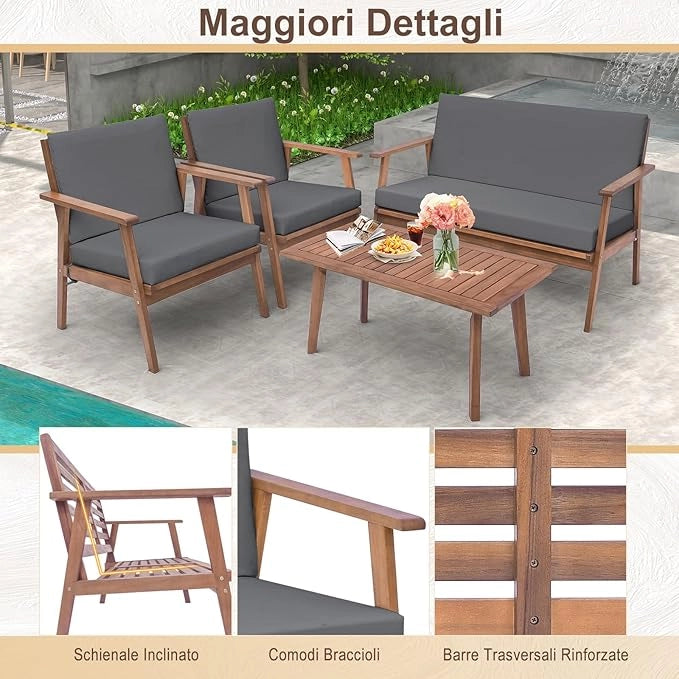 Set di Conversazione da Esterno in 4 Pezzi, Set da Divano in Legno di Acacia con Cuscini Morbidi per Sedile e Schienale, Tavolino da Caffè Rettangolare, per Patio Giardino Piscina (Grigio)
