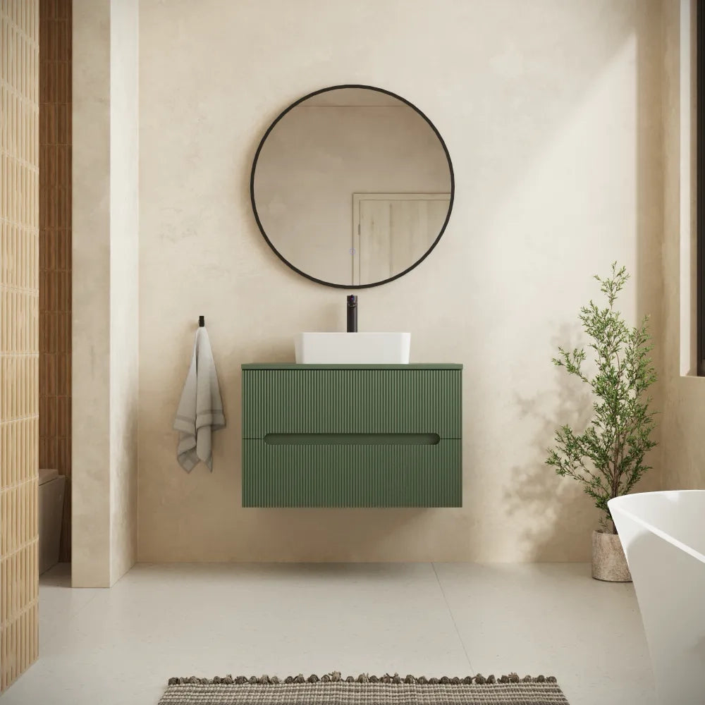 Mobile bagno sospeso 80cm due cassetti verde foresta cannettato con top | Tigua