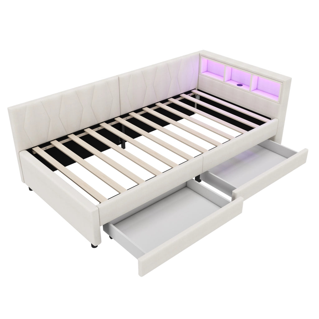 Letto da giorno 90x200 cm con 2 cassetti, LED e USB-C in lino e MDF beige