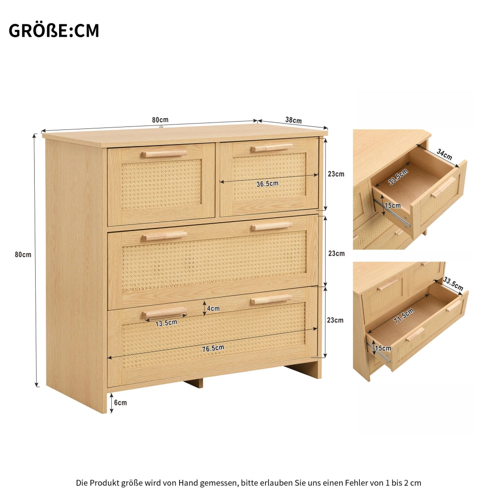 Cassettiera in MDF effetto rattan naturale con 4 cassetti 80x80x38 cm