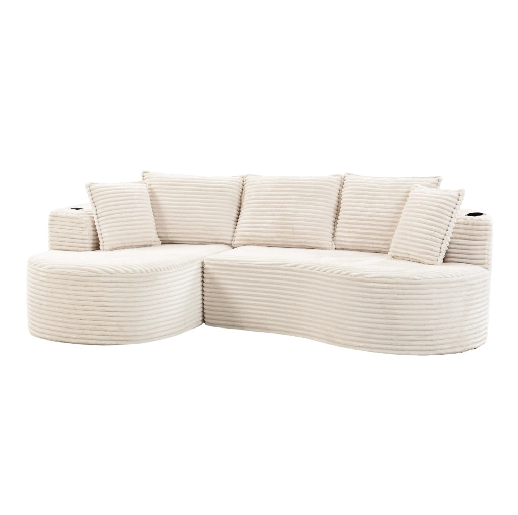 Divano a forma arcuata beige con portabicchieri; tasca laterale e cuscino 250 cm