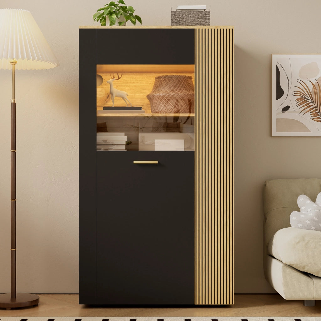 Mobile contenitore con 1 anta in vetro; 3 ripiani fissi; 2 ripiani regolabili e LED per soggiorno 80 × 40 × 146 cm