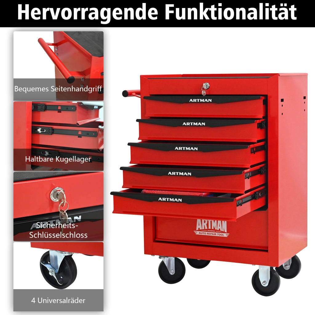 Armadio da officina mobile con 6 cassetti e ruote con freno in acciaio rosso e nero 60.0 × 33.0 × 77.5 cm