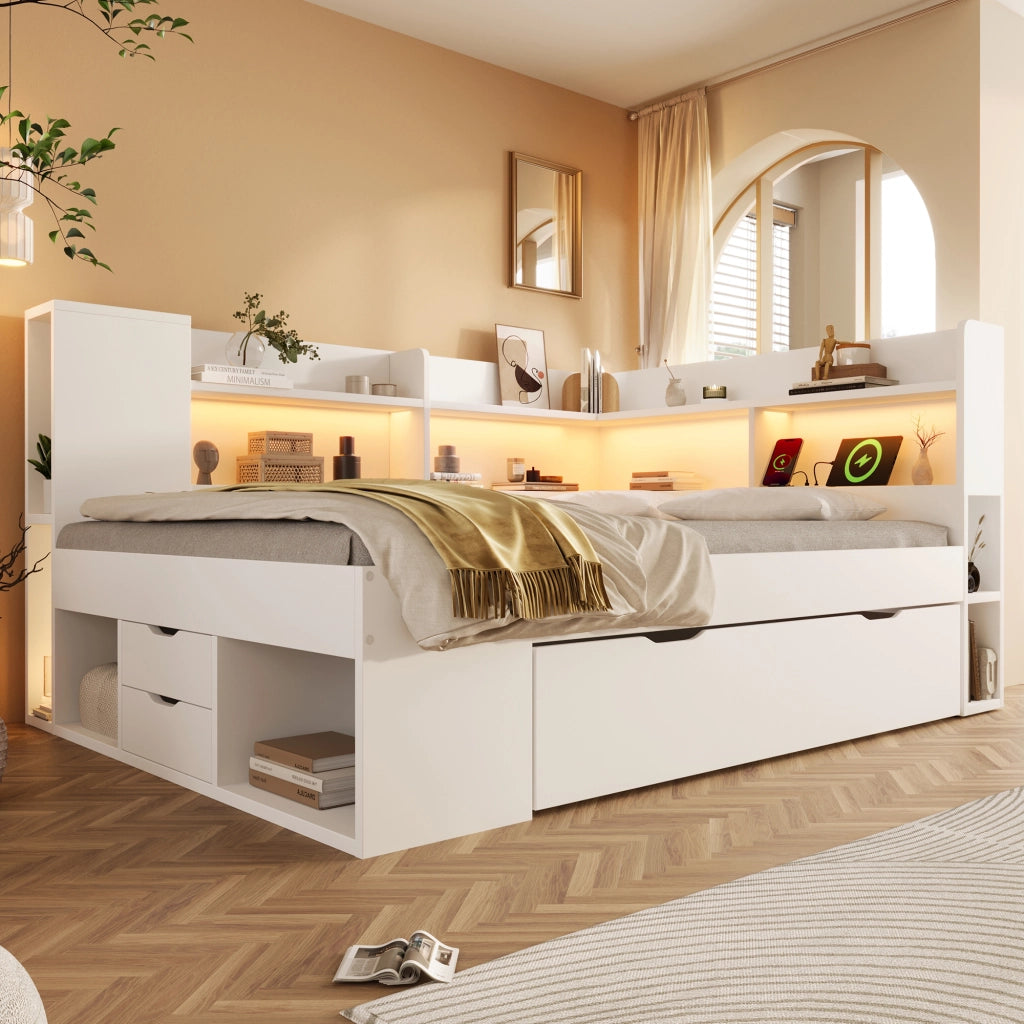 Letto Matrimoniale 140x200 cm Bianco in Legno con Cassetti; Mensole; Prese USB e Illuminazione LED