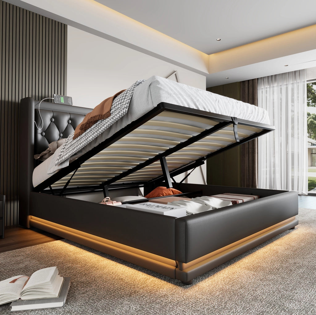 OKWISH Letto Contenitore 160×200 cm, Letto Matrimoniale con USB, Type C e LED Regolabile, senza Materasso, in PU, Nero