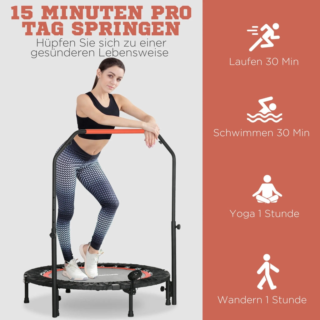 Mini-Trampolino Fitness 102 cm con Monitor LCD, Maniglia Regolabile in Altezza 4 Livelli, Portata 100 kg per Allenamento Efficace