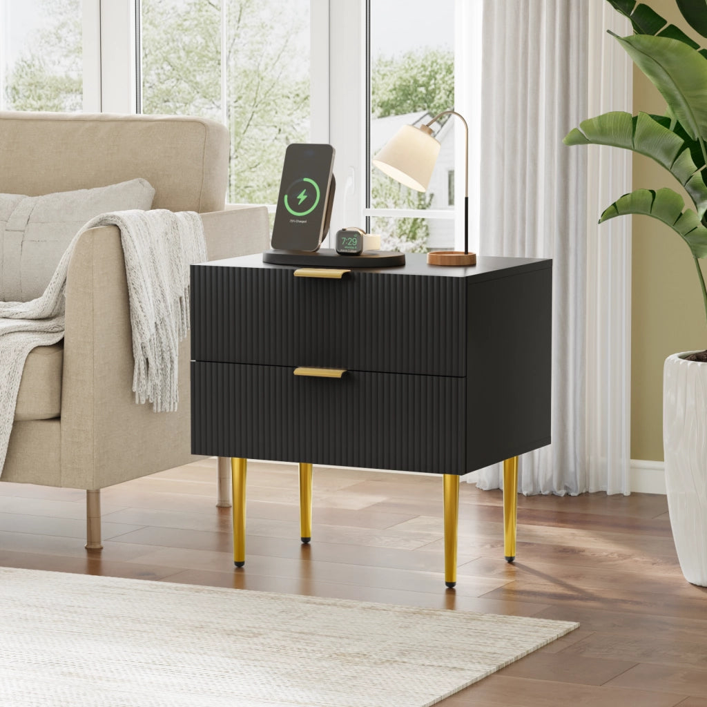 COMODINO Moderno con 2 cassetti Nero MDF e metallo