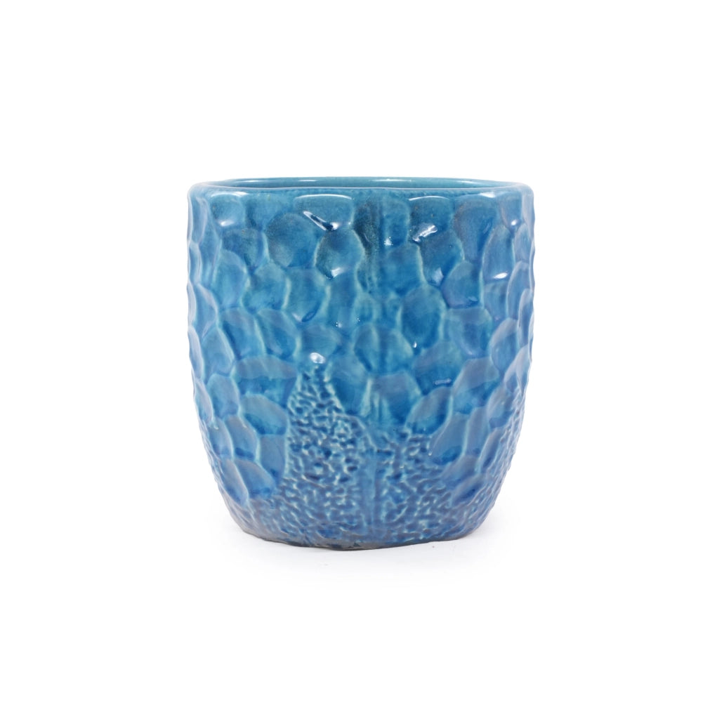 Vaso per piante ULEVR in ceramica ? 30 cm blu lucido con rilievo martellato e foro di drenaggio