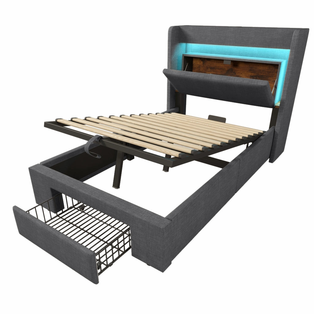 Letto imbottito 90x200 cm con contenitore idraulico, testiera con vano portaoggetti, illuminazione LED e porte USB/USB-C, struttura con doghe in legno, grigio in lino, senza materasso