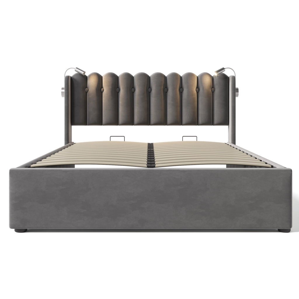 Letto contenitore matrimoniale 140×200 cm con luce da lettura, USB e vano sollevabile, materasso incluso, velluto grigio