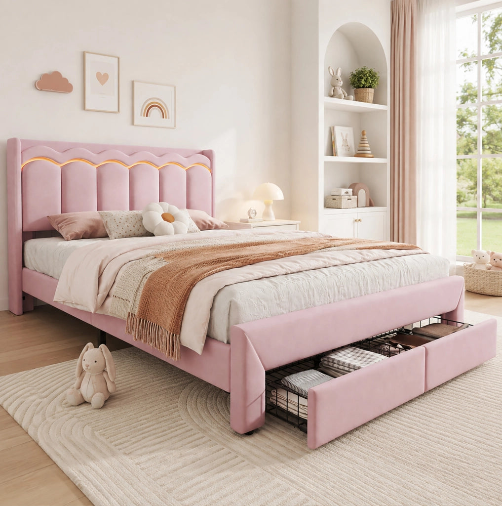 Letto imbottito per bambini 140x200 cm rosa con 2 cassetti, testata ondulata e illuminazione LED controllata via app