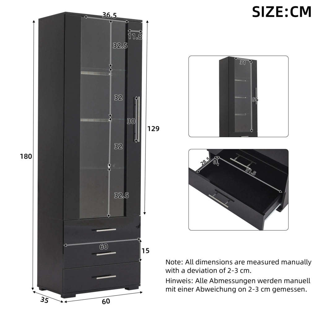 Vetrina 60x35x180 cm con LED controllabile da app; 3 cassetti e ripiani in vetro; nera