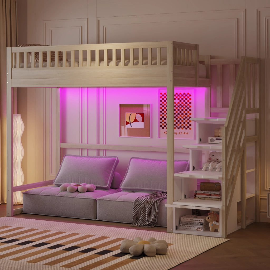 Letto a soppalco con scala reversibile con contenitore LED in legno