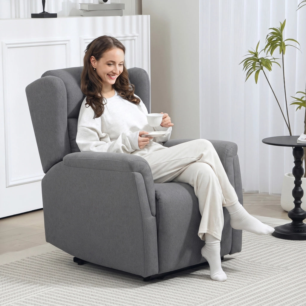 Poltrona relax reclinabile 160° con poggiapiedi effetto lino grigio scuro facile da montare per soggiorno