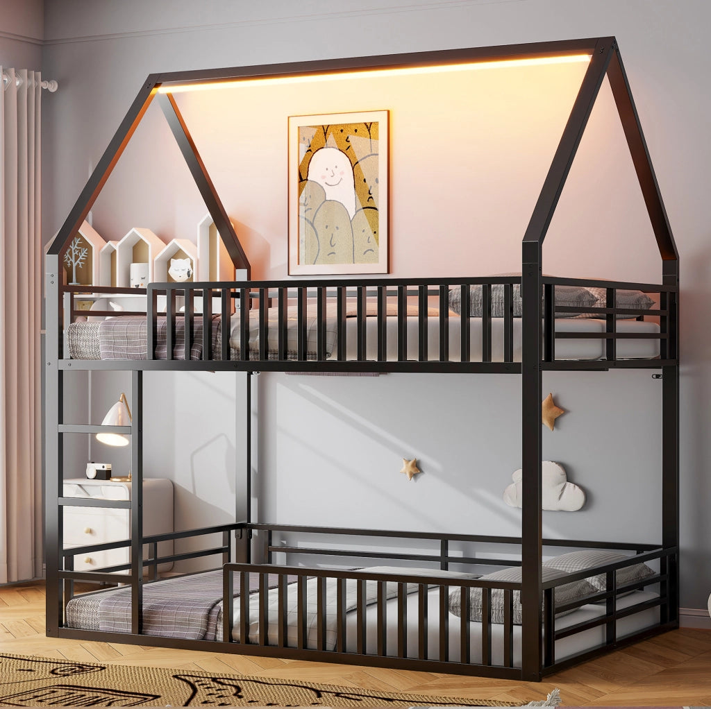 Letto a soppalco 140x200 cm a casetta con LED, nero