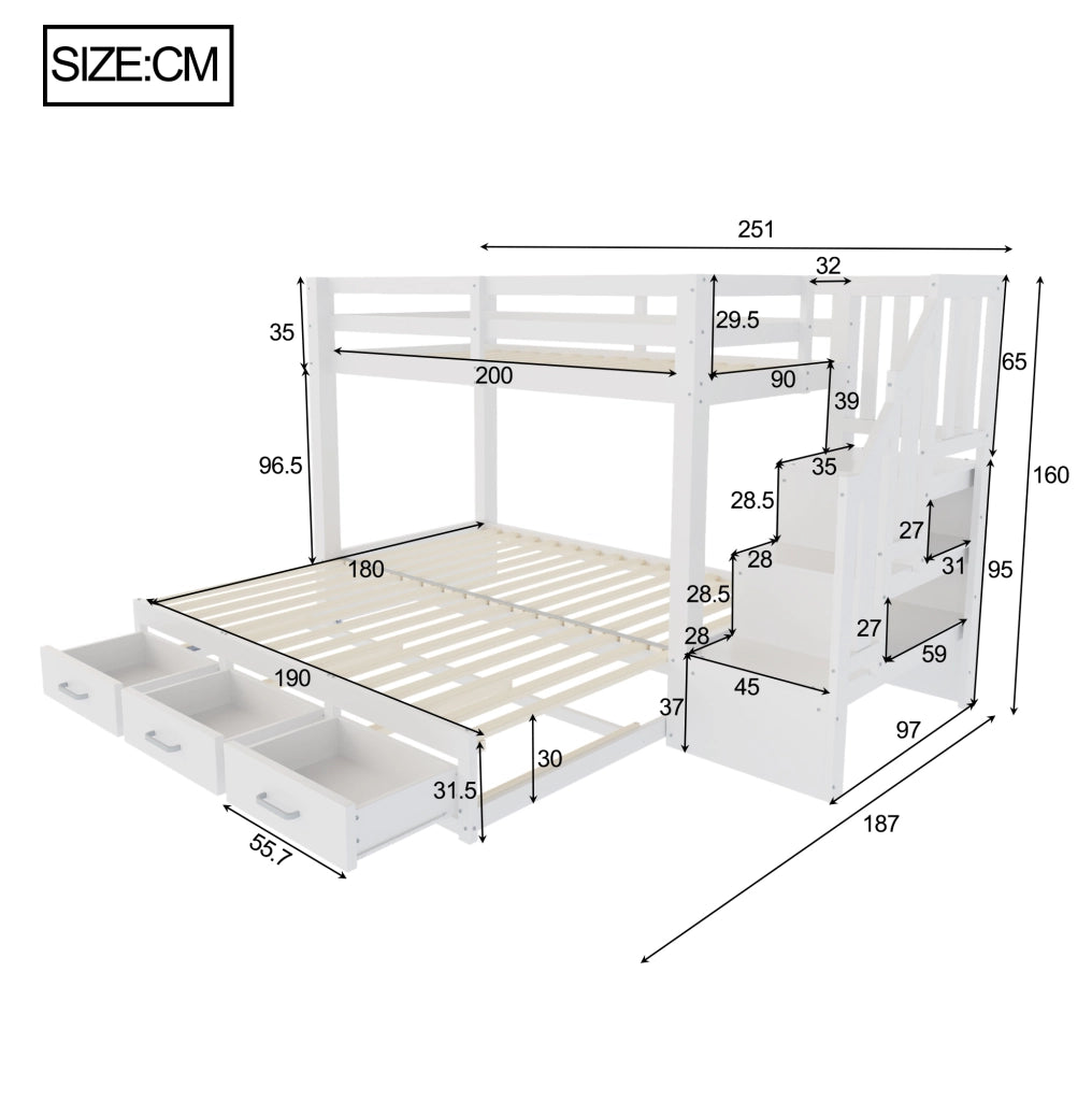 Letto a castello in legno massiccio 90x200 cm con letto estraibile 90/180x190 cm, scala con cassetti, bianco