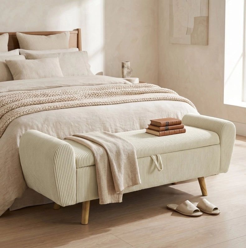 Panca contenitore in velluto a coste beige con braccioli