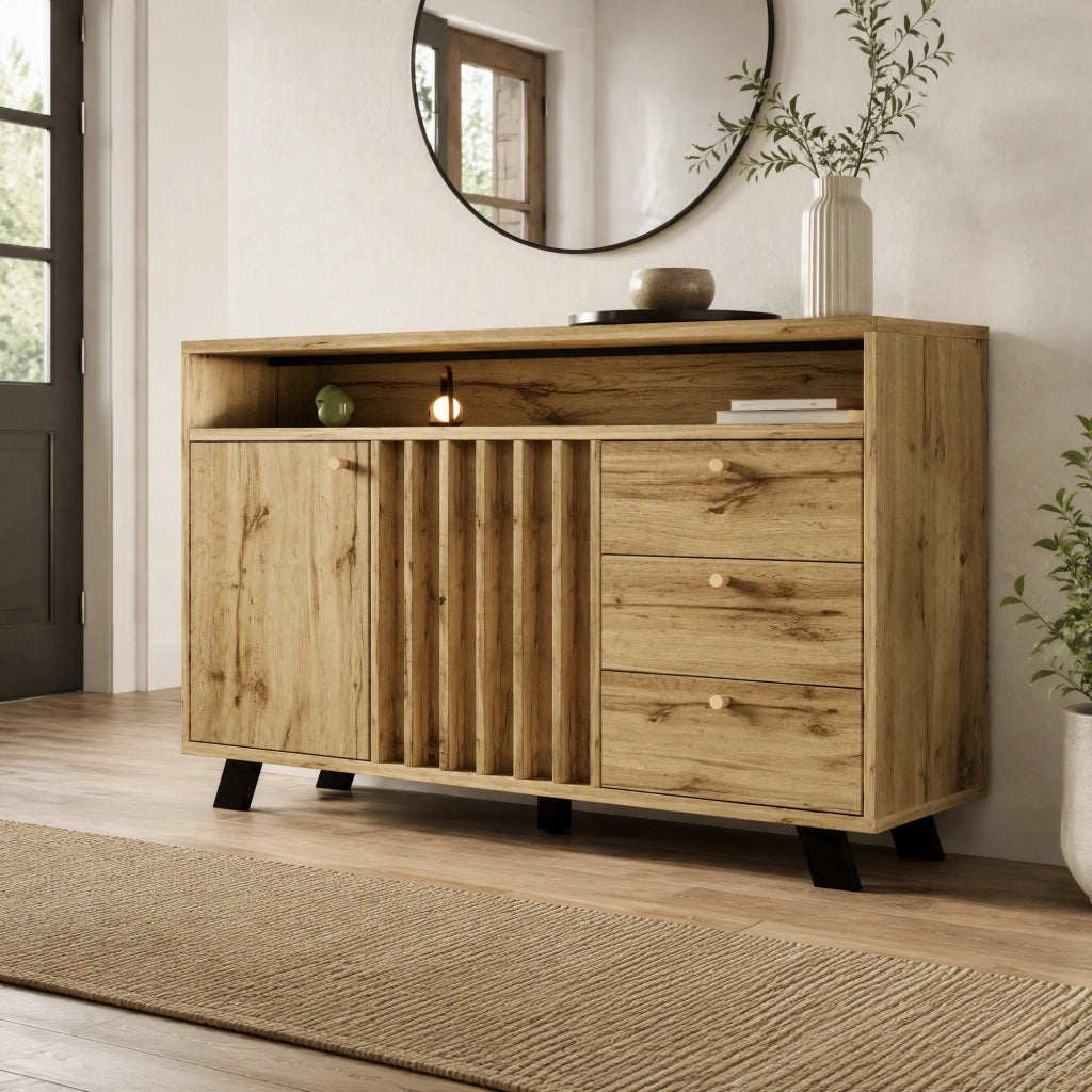 Credenza con 3 cassetti e 2 ante effetto rovere scuro, ripiano regolabile e vano a giorno
