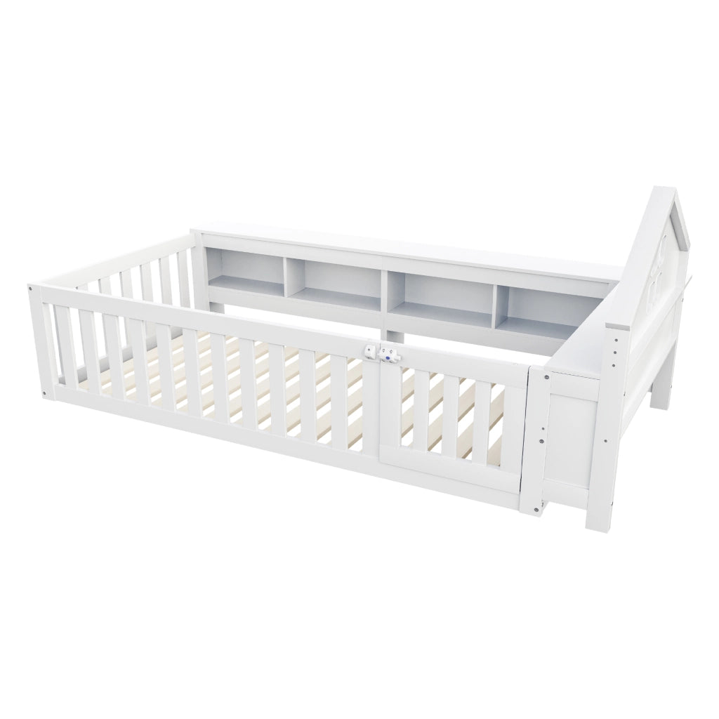 DESMIU Letto per Bambini Singolo con Contenitori, Sponde e Porta, 90 × 200 cm, Senza Materasso, Legno Massello, Bianco