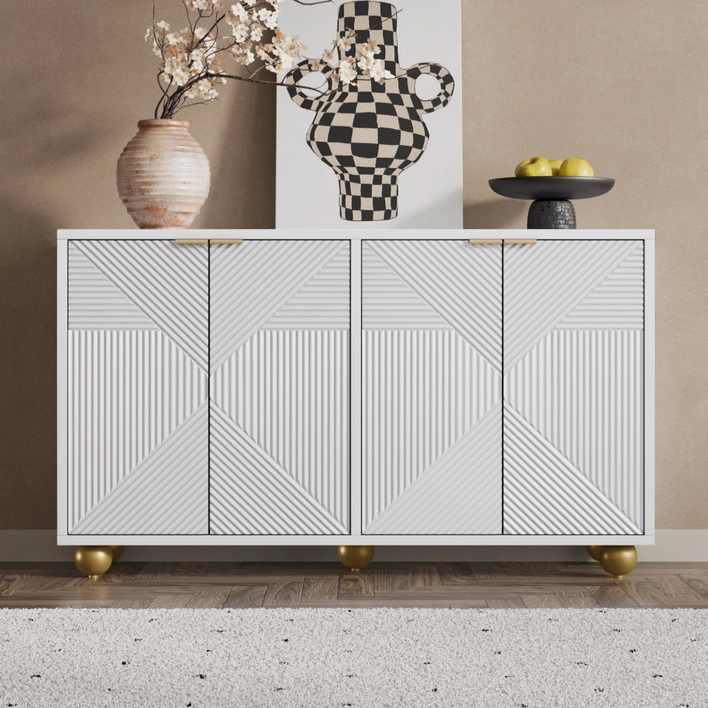 Credenza bianca a quattro ante 120 x 35 x 71;5 cm in MDF con gambe sferiche