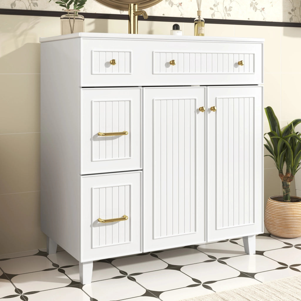 Mobile Bagno a Terra 81;7 cm con Lavabo in Ceramica; Cassetti e Anta; MDF; Bianco