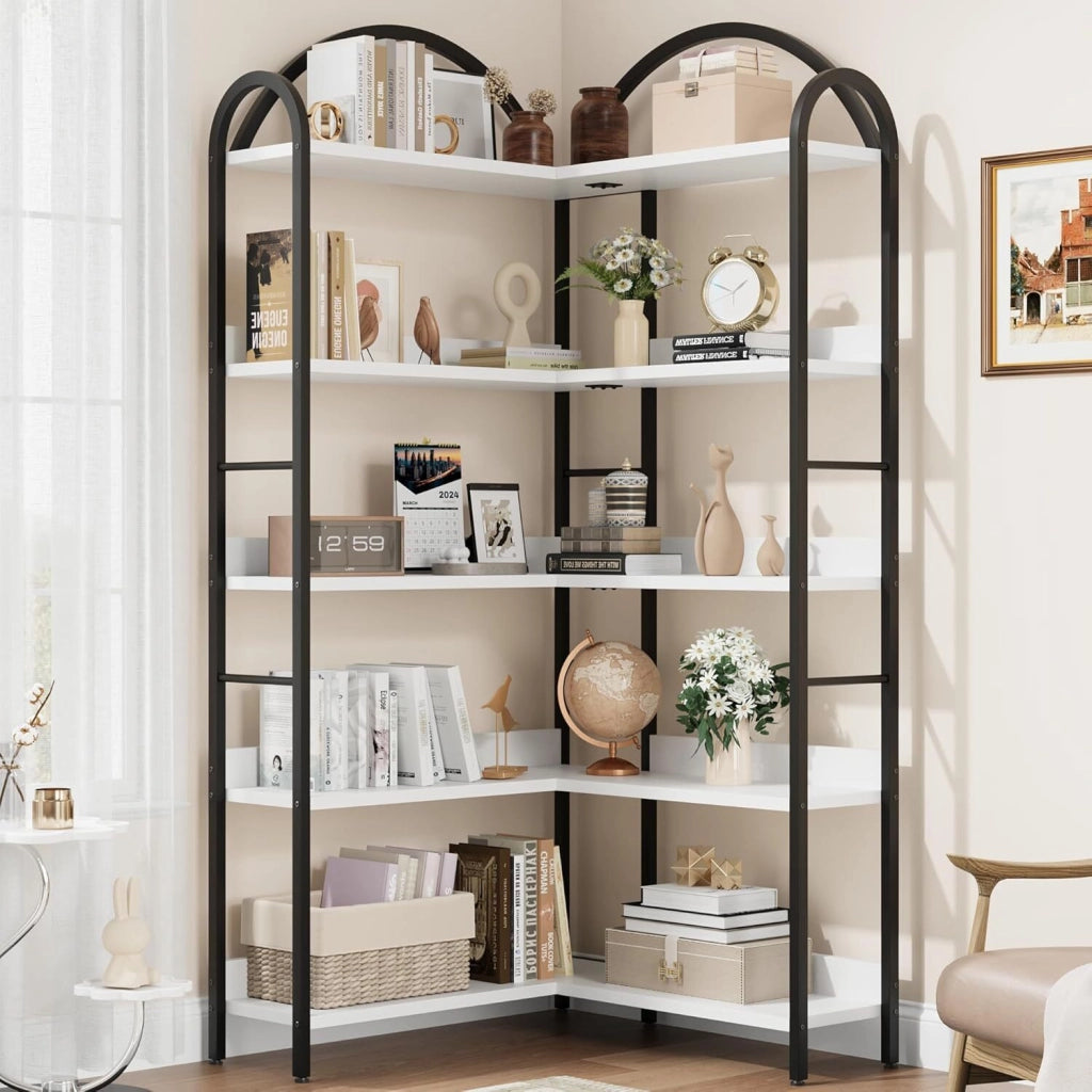 Libreria Angolare Industriale 5 Ripiani Scaffale ad Angolo Autoportante Mobile per Soggiorno e Studio Altezza 174cm
