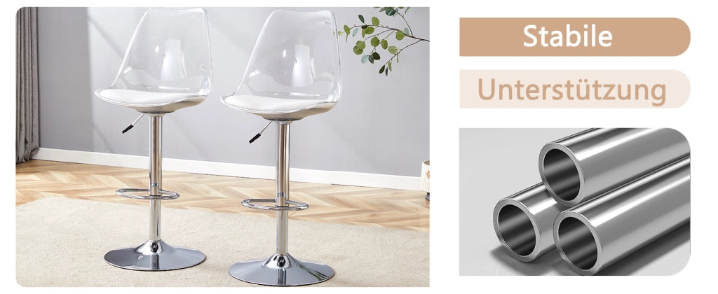 Set di 2 Sgabelli da Bar Regolabili con Schienale Trasparente, Seduta in PU Bianco e Gambe in Metallo Argento, 60-80 cm