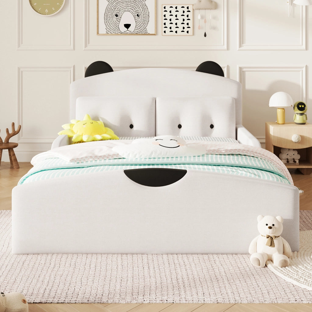 Letto a piattaforma 140 × 200 cm con testiera imbottita a orsetto in lino bianco e 2 cuscini decorativi
