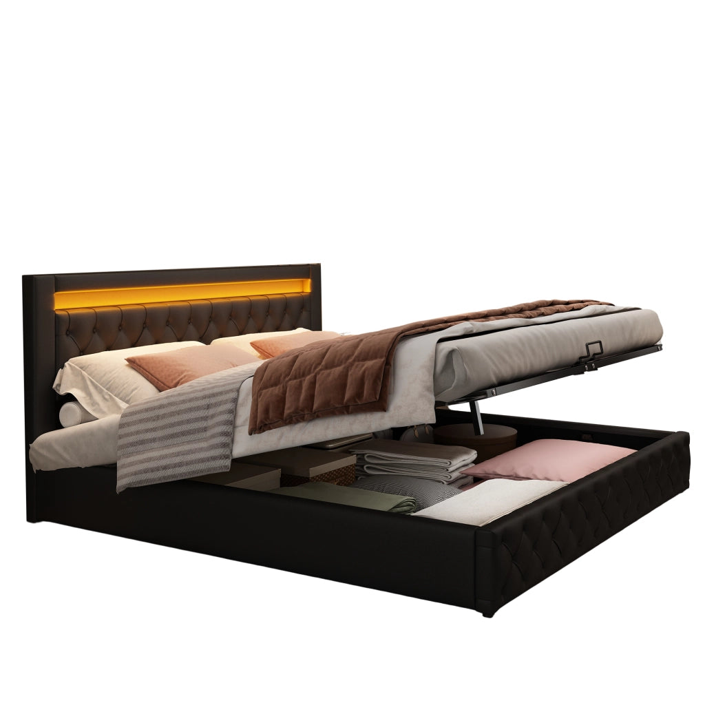 Letto imbottito 140x200 cm con contenitore e LED; in PU nero