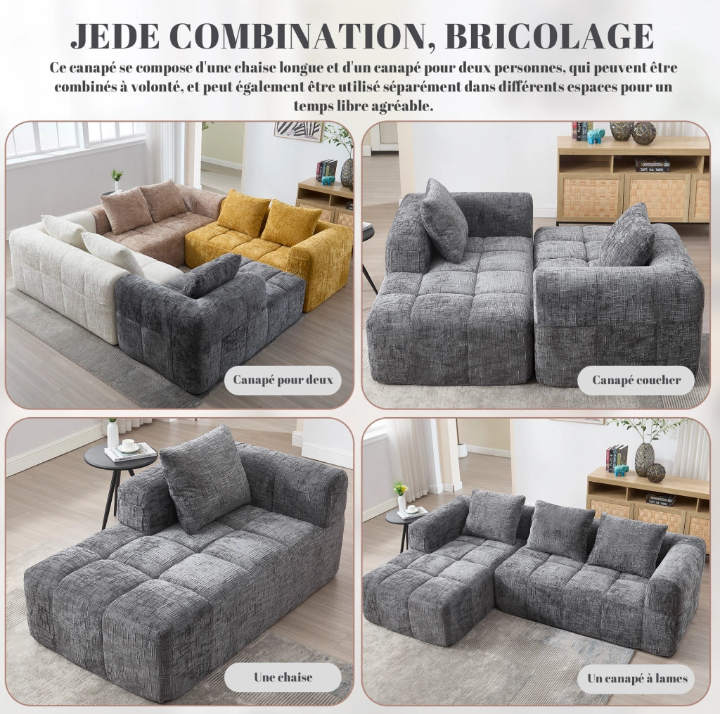 Divano angolare moderno 3 posti in chenille grigio con chaise longue, cuscini e tasca laterale
