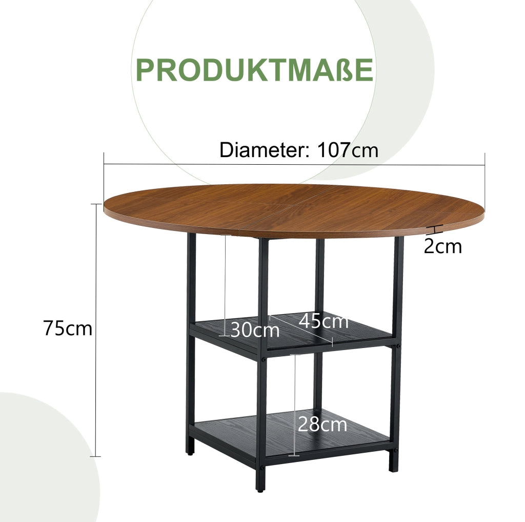 Tavolo da pranzo rotondo 107 cm in MDF effetto noce, nero, doppio ripiano, 2-4 persone