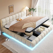 Letto imbottito 180x200 cm in velluto beige con contenitore idraulico e LED