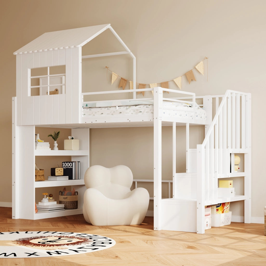 Letto a soppalco singolo 90×200 cm con scala contenitore e ripiani; senza materasso; MDF e metallo; bianco