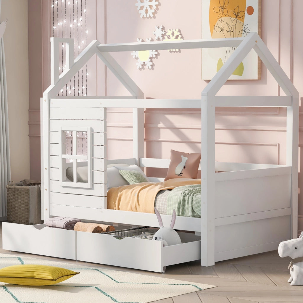 Letto a casetta 80 × 160 cm con cassetti e finestre in legno di pino bianco con rete a doghe inclusa