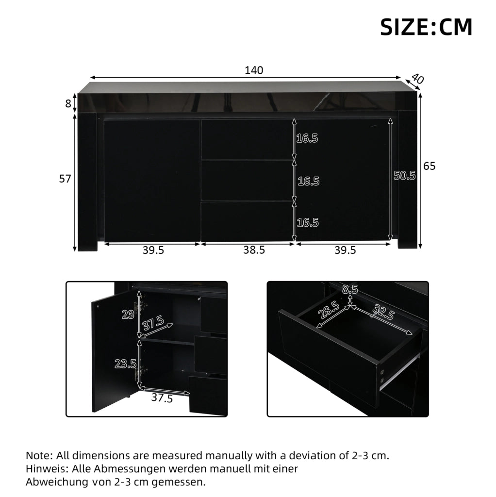 Sideboard nero lucido 140x40x65 cm con 3 cassetti, 2 ante e illuminazione LED regolabile