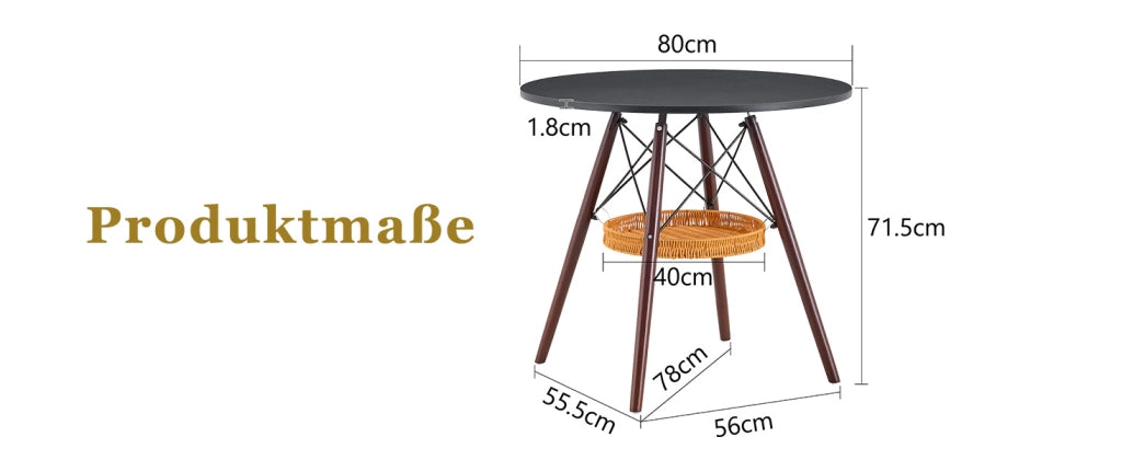Tavolo da pranzo rotondo con cestino sospeso, piano nero e gambe in legno massiccio, per 2-4 persone, 80 cm