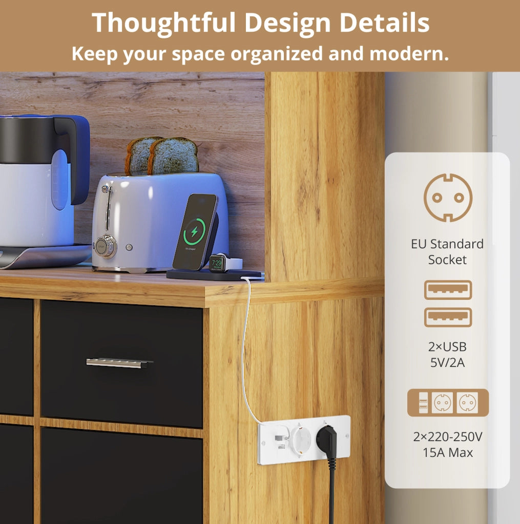 Buffet multifunzionale 100x40x180 cm con LED controllati da app, cassetti, ripiani regolabili e prese integrate, ideale per cucina e sala da pranzo