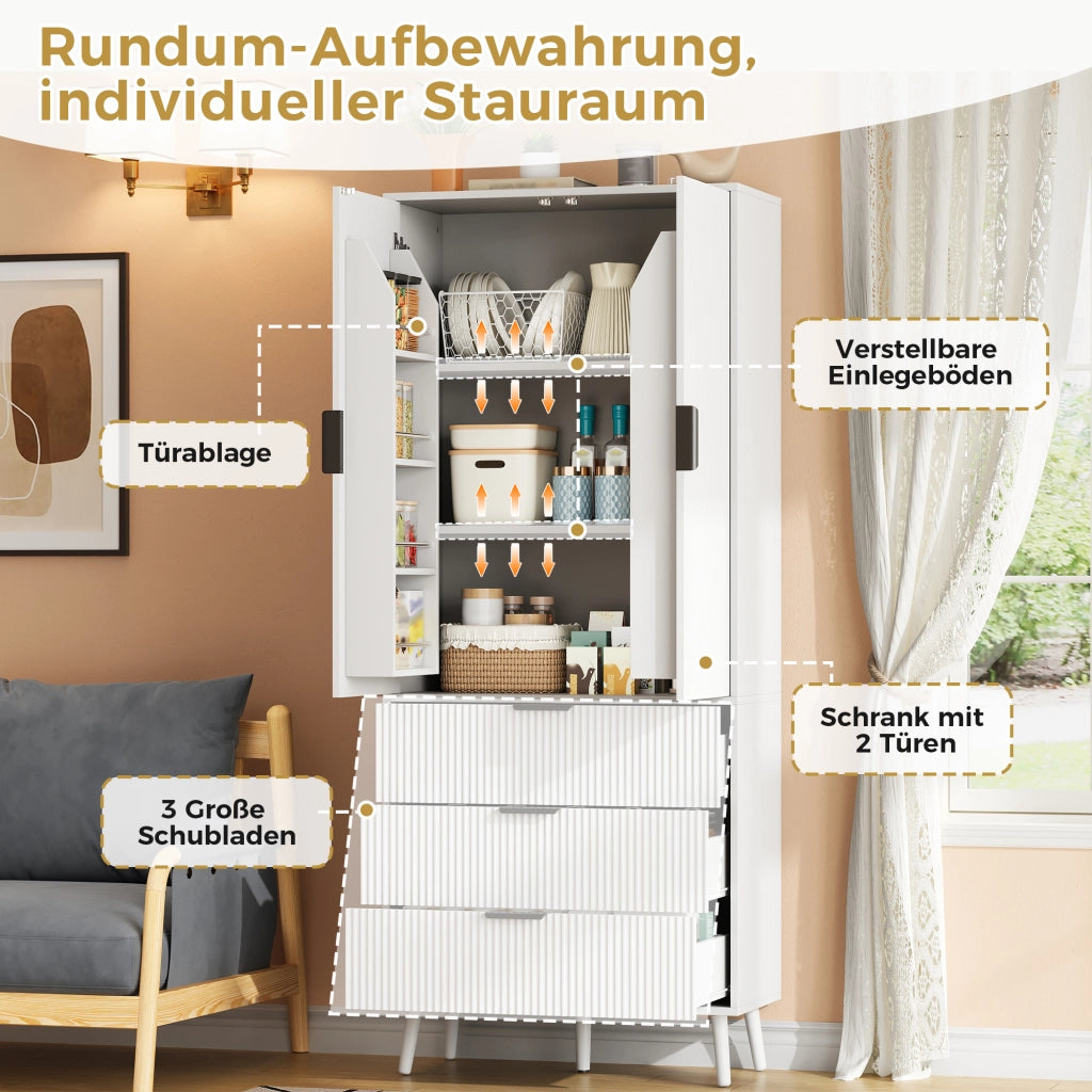 Mobile dispensa con 2 ante; 3 cassetti e ripiani regolabili in MDF bianco per cucina e soggiorno 75 × 35 × 180 cm